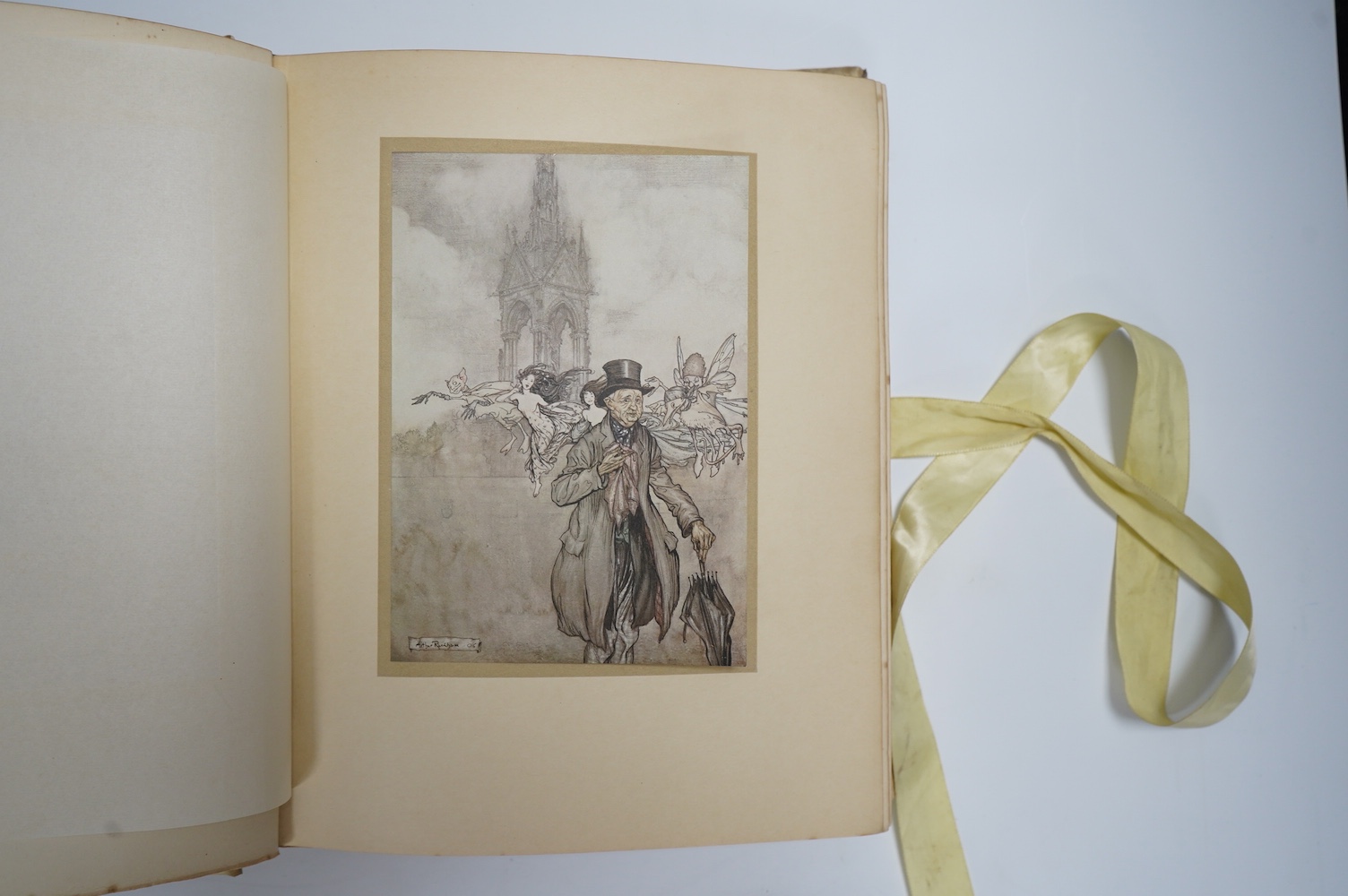 Barrie, J.M. - Peter Pan in Kensington Gardens, illustrated by Arthur Rackham, including 50 tipped-in colour plates, captioned tissue guards, pictorial endpapers, 4to, original vellum pictorially gilt, top edge gilt, rib